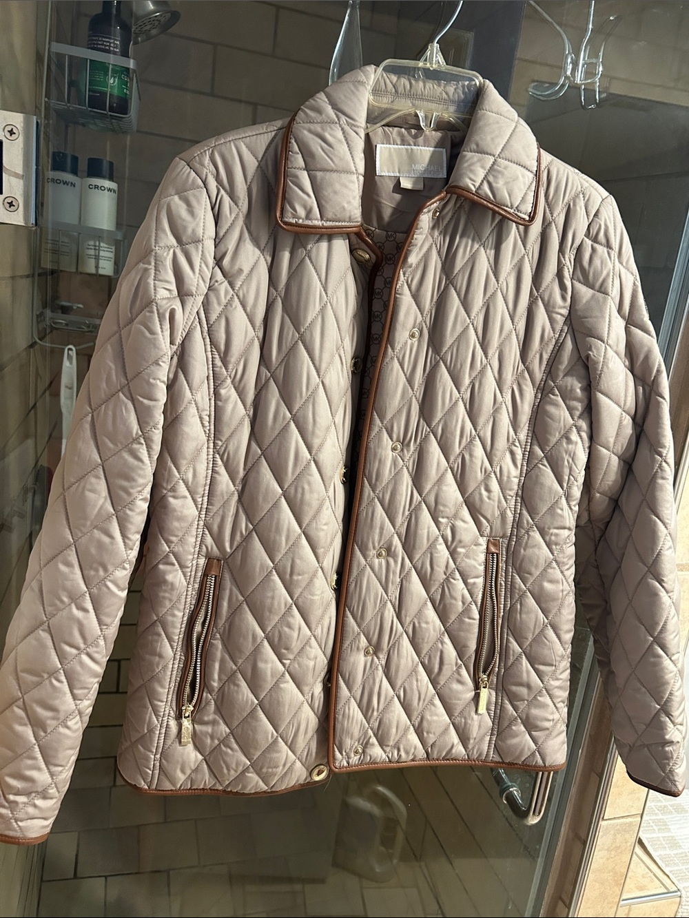 Michael Kors Quilted Light Taupe Jacket with Brown Trim